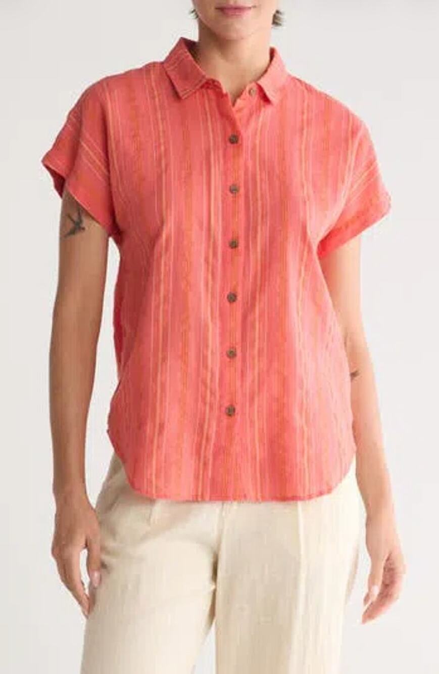 Marine Layer Dana Stripe Short Sleeve Button Up Shirt In Coral Stripe Size XS